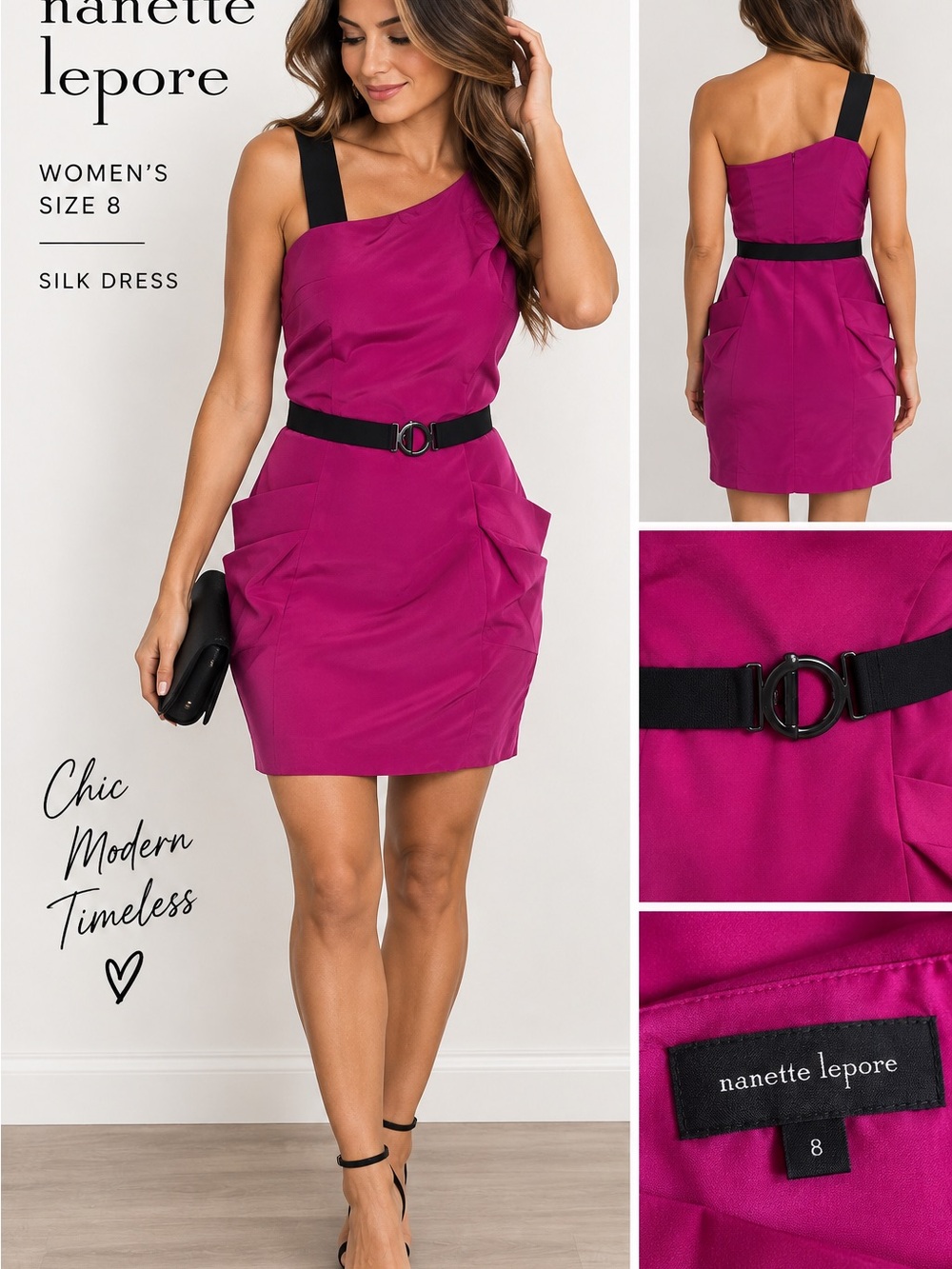 Nanette Lepore Women’s Magenta Silk One Shoulder Dress Size 8